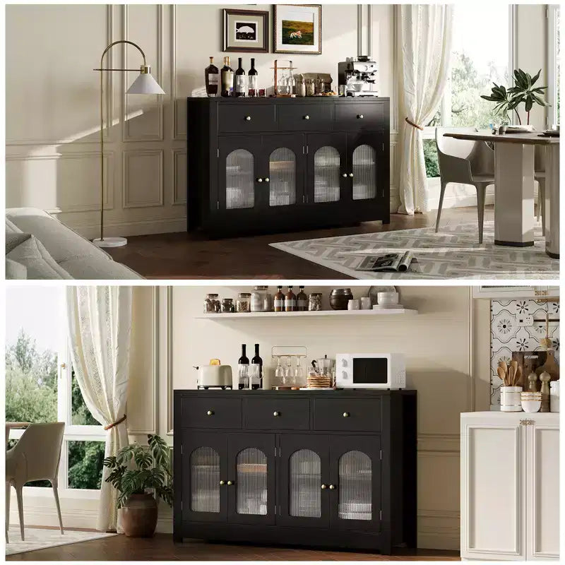55 Buffet Cabinet Sideboard, Modern Coffee Bar with Arched Acrylic Fluted Doors, 3 Drawers & Adjustable Shelves for Dining & Living Room,Black