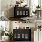 55 Buffet Cabinet Sideboard, Modern Coffee Bar with Arched Acrylic Fluted Doors, 3 Drawers & Adjustable Shelves for Dining & Living Room,Black