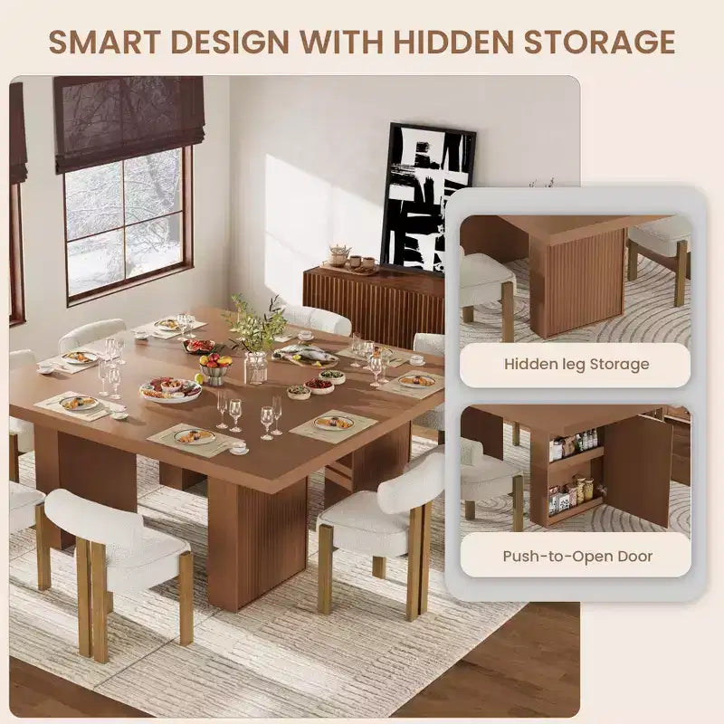 70.8'' Modern Rectangular Dining Table for 6-10, Spacious Tabletop, Fluted Legs, Built-in Storage, Contemporary Home Furniture,Grey/Natural/Nut-Brown