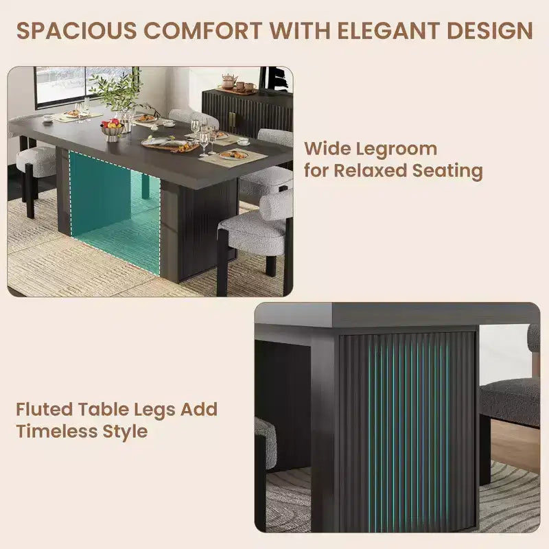 70.8'' Modern Rectangular Dining Table for 6-10, Spacious Tabletop, Fluted Legs, Built-in Storage, Contemporary Home Furniture,Grey/Natural/Nut-Brown
