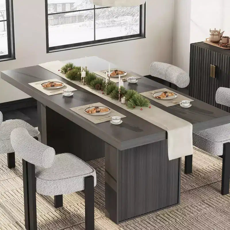 70.8'' Modern Rectangular Dining Table for 6-10, Spacious Tabletop, Fluted Legs, Built-in Storage, Contemporary Home Furniture,Grey/Natural/Nut-Brown