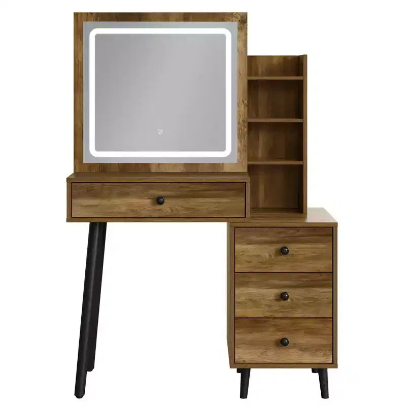 Vanity Desk with Lighted Mirror, 3 Color Dimmable Hollywood Makeup Table with 4 Drawers