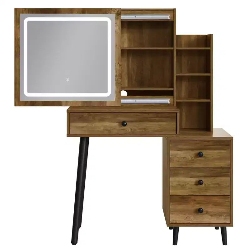 Vanity Desk with Lighted Mirror, 3 Color Dimmable Hollywood Makeup Table with 4 Drawers
