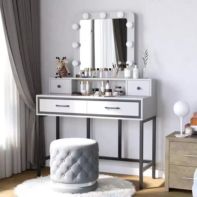 Vanity Desk with Lighted Mirror, 3 Color Dimmable Hollywood Makeup Table with 4 Drawers