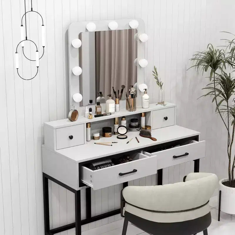 Vanity Desk with Lighted Mirror, 3 Color Dimmable Hollywood Makeup Table with 4 Drawers