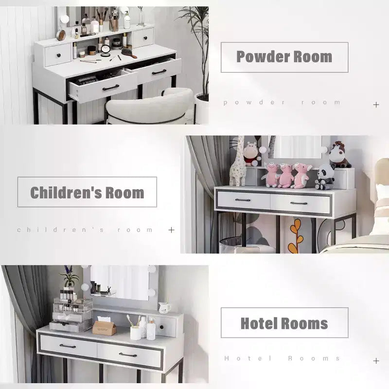 Vanity Desk with Lighted Mirror, 3 Color Dimmable Hollywood Makeup Table with 4 Drawers