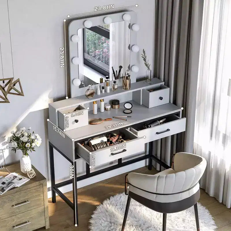 Vanity Desk with Lighted Mirror, 3 Color Dimmable Hollywood Makeup Table with 4 Drawers