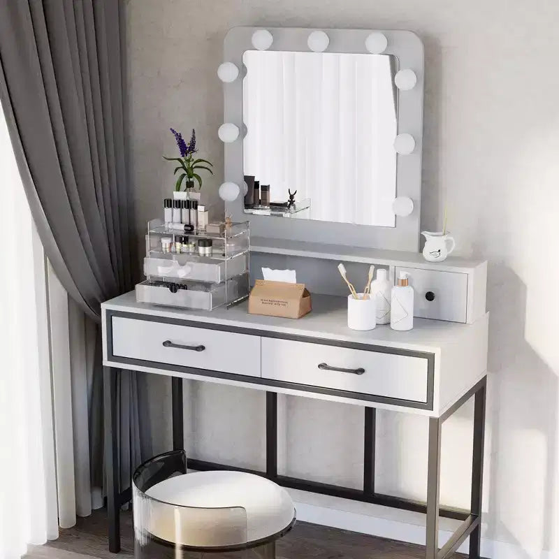 Vanity Desk with Lighted Mirror, 3 Color Dimmable Hollywood Makeup Table with 4 Drawers
