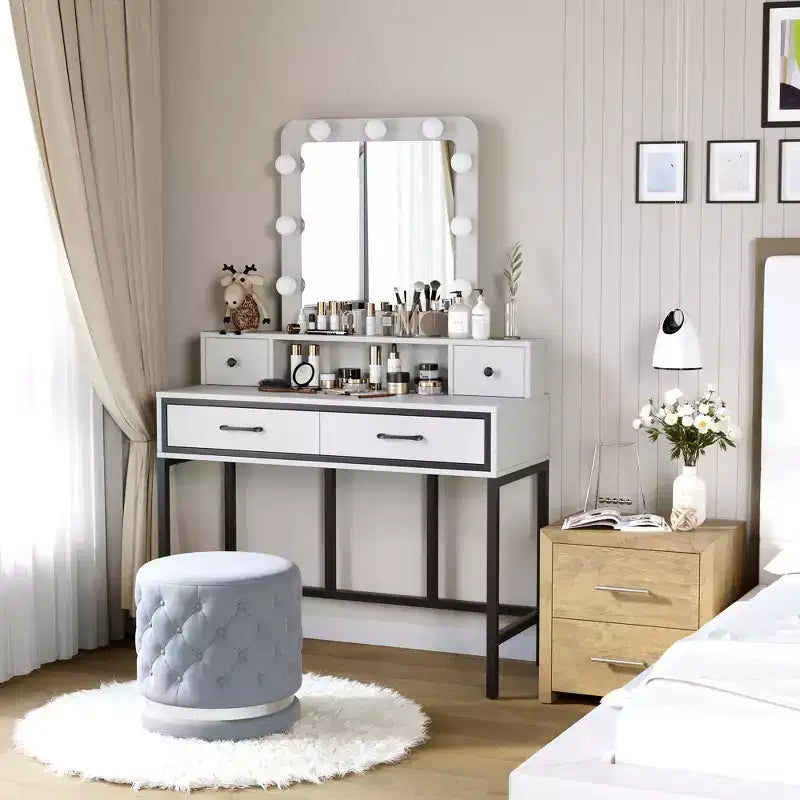 Vanity Desk with Lighted Mirror, 3 Color Dimmable Hollywood Makeup Table with 4 Drawers
