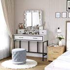 Vanity Desk with Lighted Mirror, 3 Color Dimmable Hollywood Makeup Table with 4 Drawers