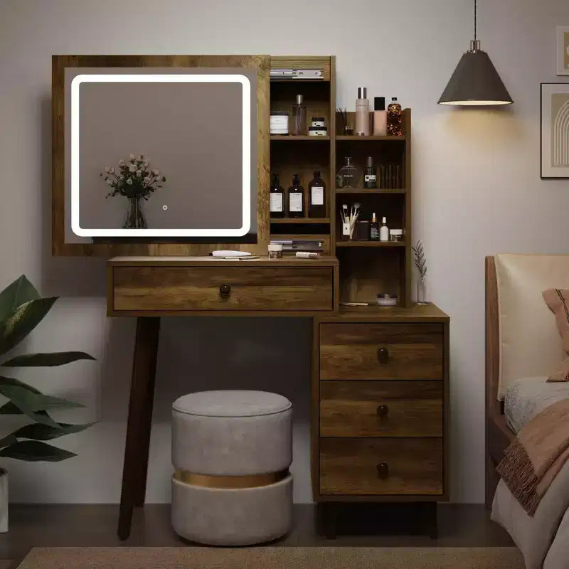 Vanity Desk with Lighted Mirror, 3 Color Dimmable Hollywood Makeup Table with 4 Drawers