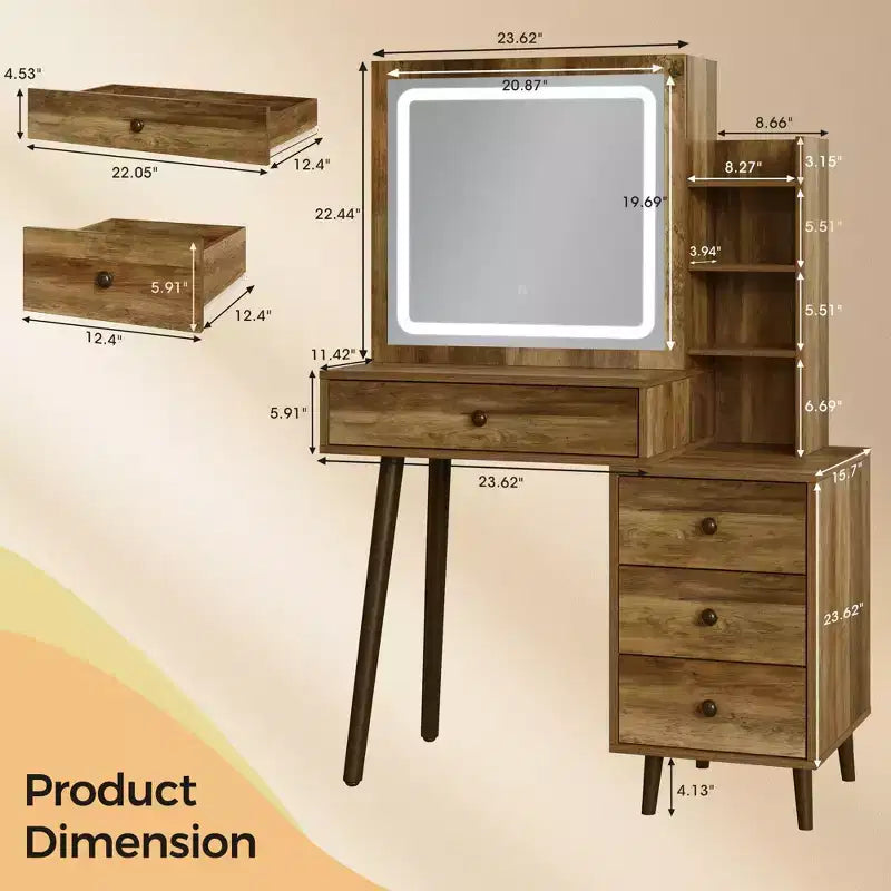 Vanity Desk with Lighted Mirror, 3 Color Dimmable Hollywood Makeup Table with 4 Drawers