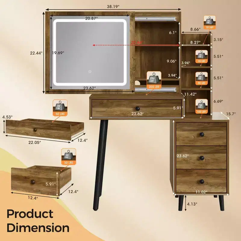 Vanity Desk with Lighted Mirror, 3 Color Dimmable Hollywood Makeup Table with 4 Drawers