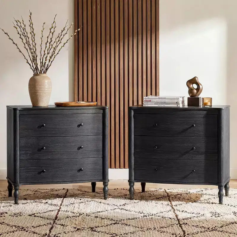 Homsee Wood Nightstand,3 Drawers Dresser  Modern Curved Front Chest of Drawers for with Vintage Turned Legs