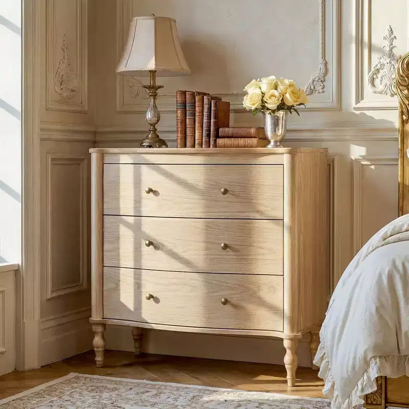 Homsee Wood Nightstand,3 Drawers Dresser  Modern Curved Front Chest of Drawers for with Vintage Turned Legs