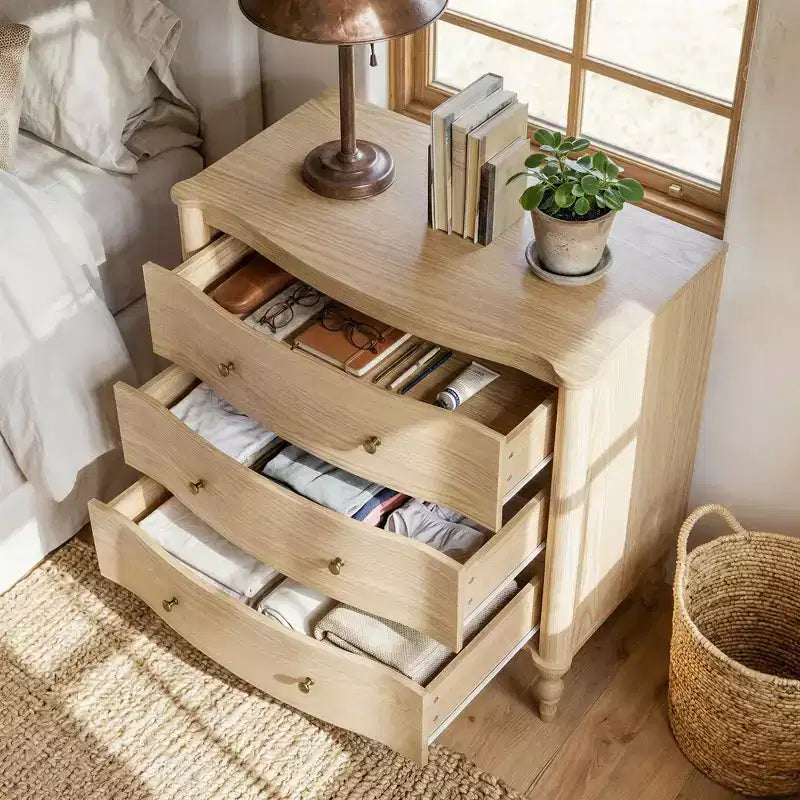 Homsee Wood Nightstand,3 Drawers Dresser  Modern Curved Front Chest of Drawers for with Vintage Turned Legs