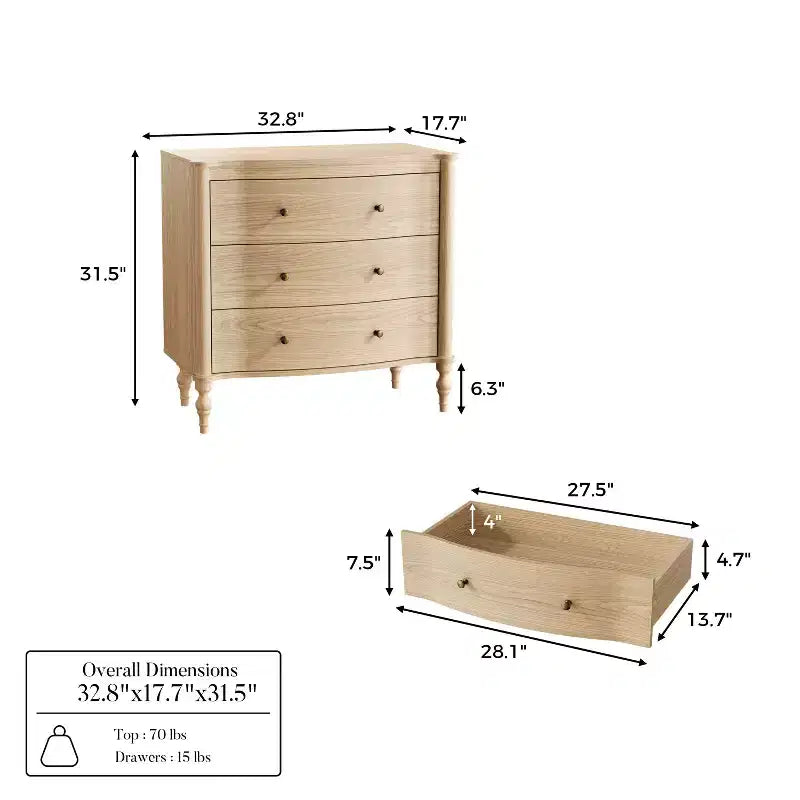Homsee Wood Nightstand,3 Drawers Dresser  Modern Curved Front Chest of Drawers for with Vintage Turned Legs