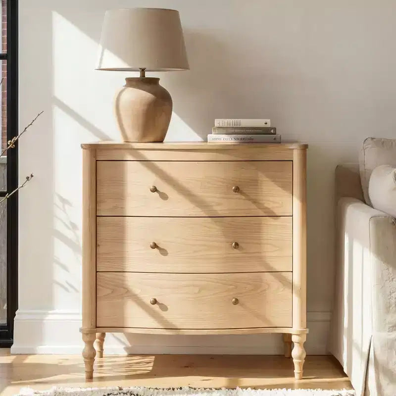 Homsee Wood Nightstand,3 Drawers Dresser  Modern Curved Front Chest of Drawers for with Vintage Turned Legs