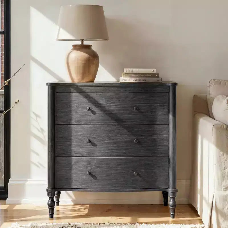 Homsee Wood Nightstand,3 Drawers Dresser  Modern Curved Front Chest of Drawers for with Vintage Turned Legs