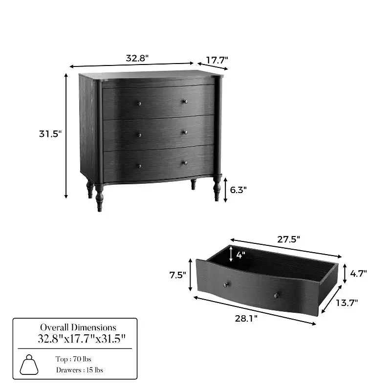 Homsee Wood Nightstand,3 Drawers Dresser  Modern Curved Front Chest of Drawers for with Vintage Turned Legs