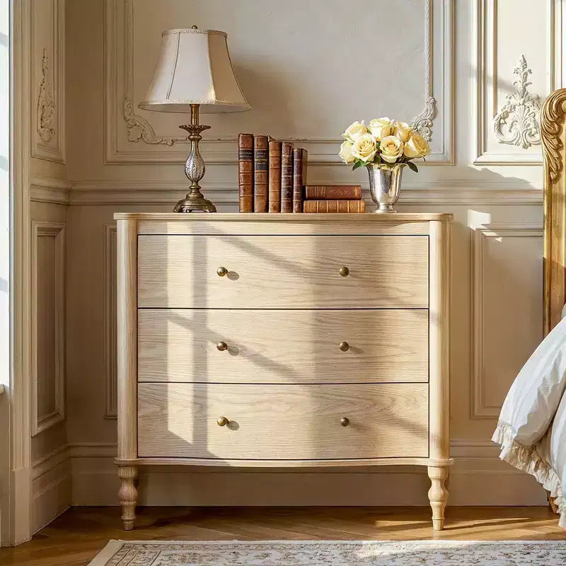 Homsee Wood Nightstand,3 Drawers Dresser  Modern Curved Front Chest of Drawers for with Vintage Turned Legs