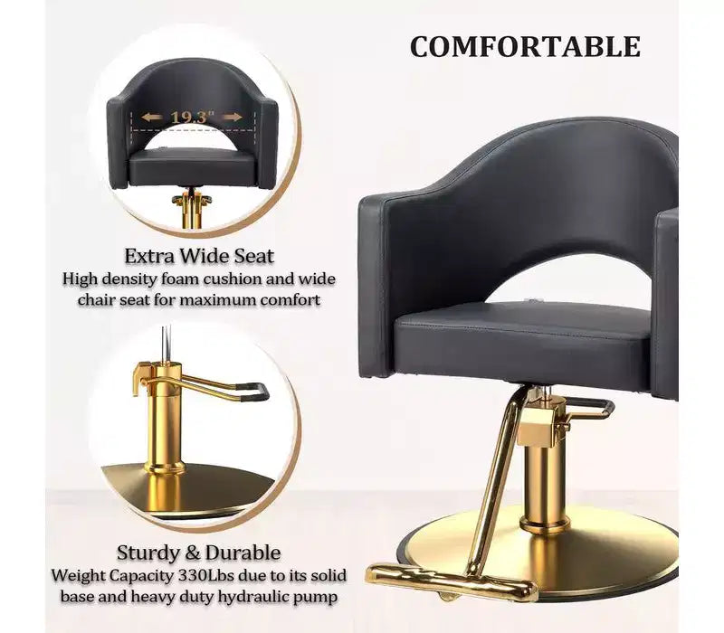 Karl Home Black Heavy Duty 360-Swivel Styling Chair with Rhombus Stitch Pattern Back and Gold Footrest
