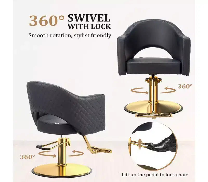 Karl Home Black Heavy Duty 360-Swivel Styling Chair with Rhombus Stitch Pattern Back and Gold Footrest