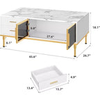 Large Modern Coffee Table with Faux Marble Top, 4 Drawers and Glass Door Storage, Fluted Panel Design, Hidden Compartment for Living Room