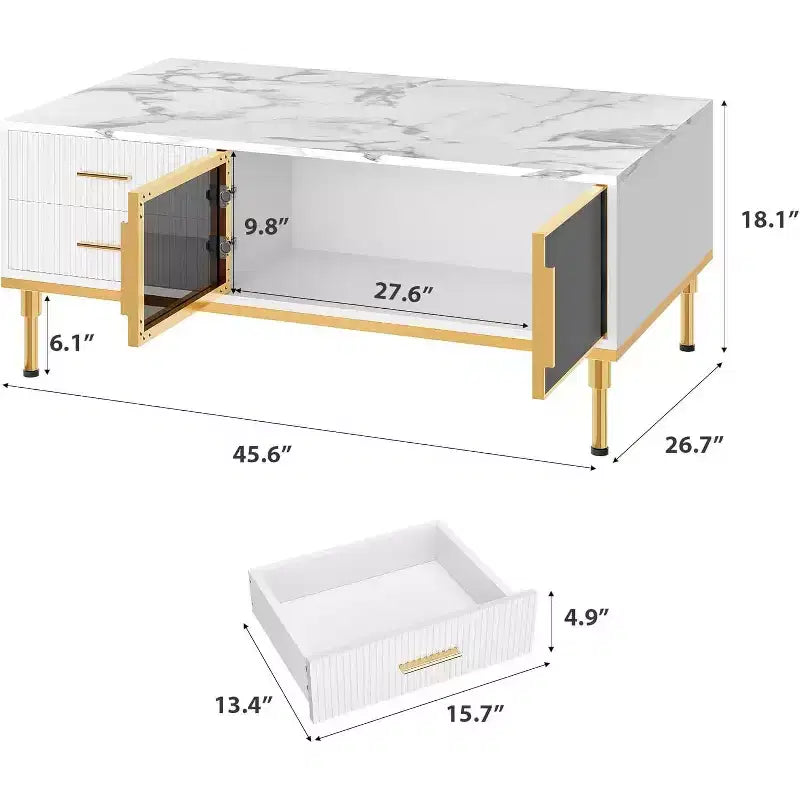 Large Modern Coffee Table with Faux Marble Top, 4 Drawers and Glass Door Storage, Fluted Panel Design, Hidden Compartment for Living Room