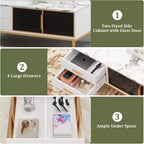 Large Modern Coffee Table with Faux Marble Top, 4 Drawers and Glass Door Storage, Fluted Panel Design, Hidden Compartment for Living Room