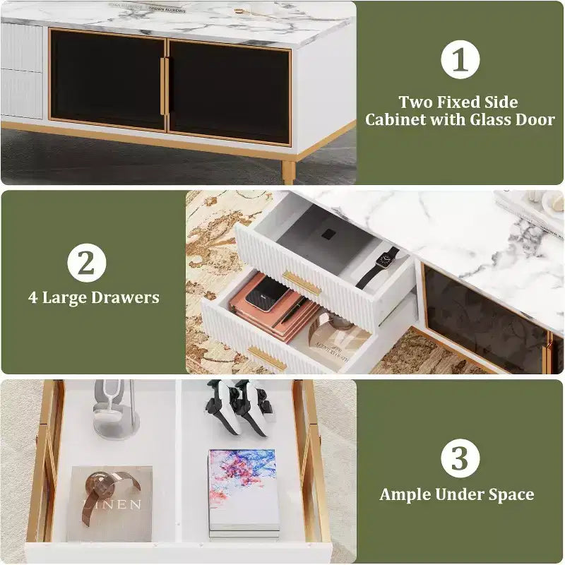 Large Modern Coffee Table with Faux Marble Top, 4 Drawers and Glass Door Storage, Fluted Panel Design, Hidden Compartment for Living Room