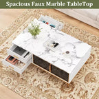 Large Modern Coffee Table with Faux Marble Top, 4 Drawers and Glass Door Storage, Fluted Panel Design, Hidden Compartment for Living Room