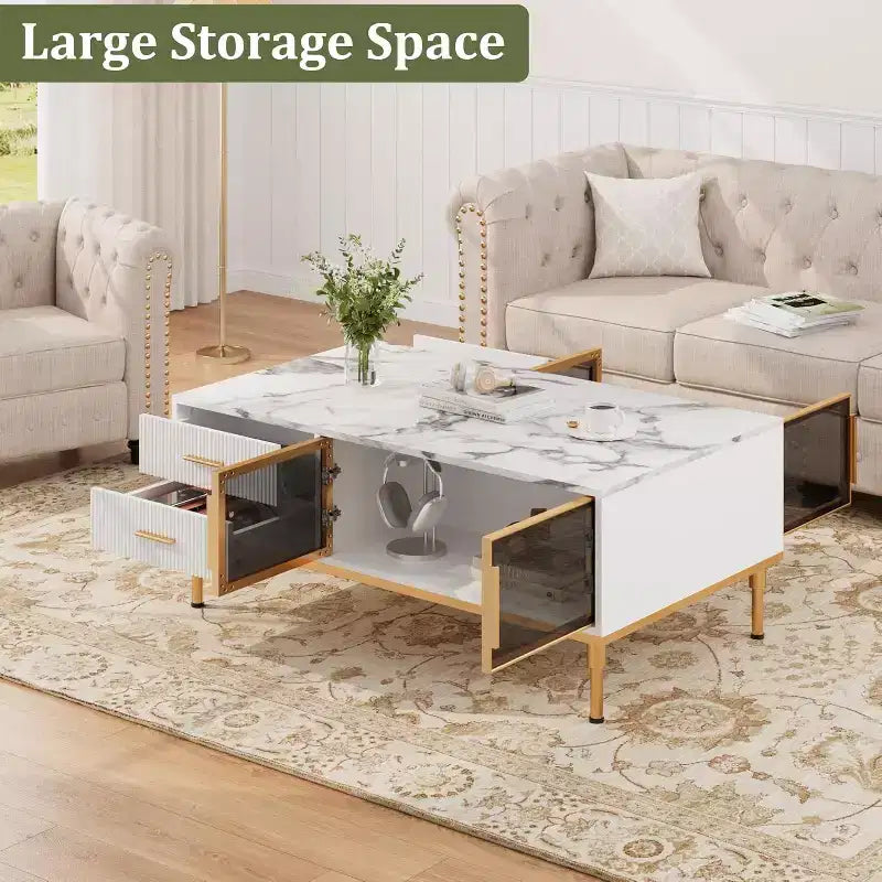 Large Modern Coffee Table with Faux Marble Top, 4 Drawers and Glass Door Storage, Fluted Panel Design, Hidden Compartment for Living Room