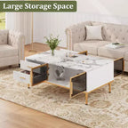 Large Modern Coffee Table with Faux Marble Top, 4 Drawers and Glass Door Storage, Fluted Panel Design, Hidden Compartment for Living Room