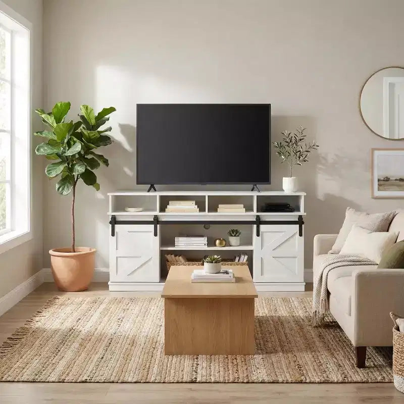 FurnitureR 58 Farmhouse TV Stand for TVs up to 65, Sliding Barn Doors, Storage Cabinet with Shelves, Modern Entertainment Center