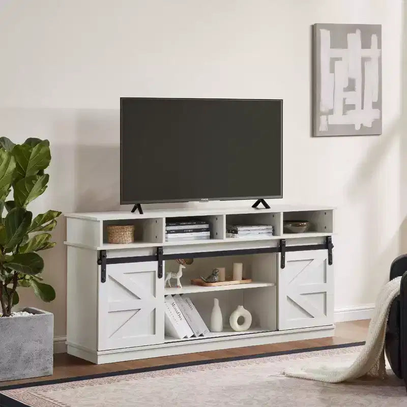 FurnitureR 58 Farmhouse TV Stand for TVs up to 65, Sliding Barn Doors, Storage Cabinet with Shelves, Modern Entertainment Center