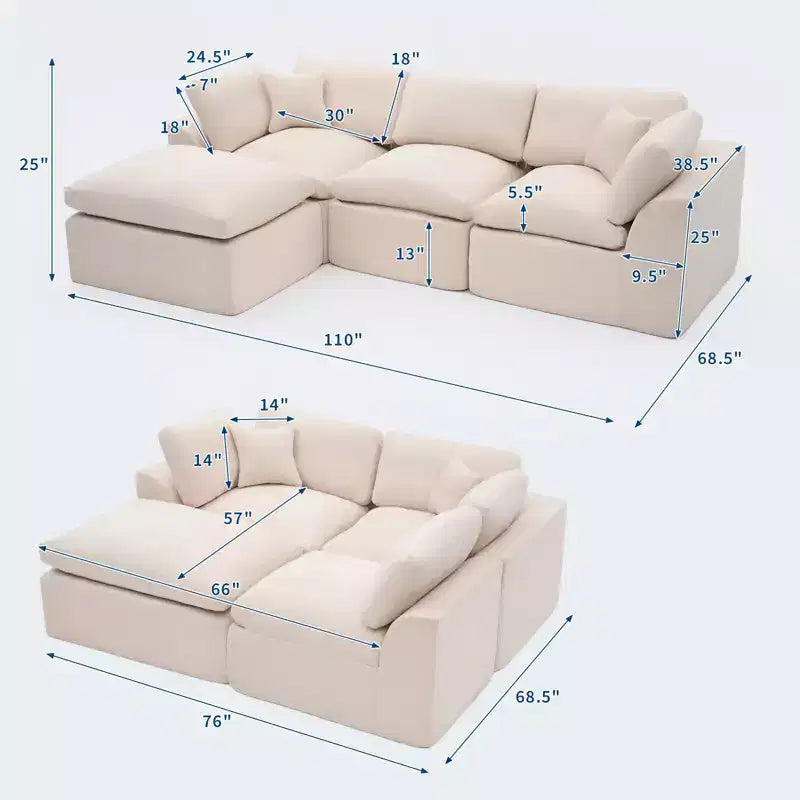 Modular Sectional Sofa, 110'' Sponge Compression Sofas with Deep Seat, Sectional Couches