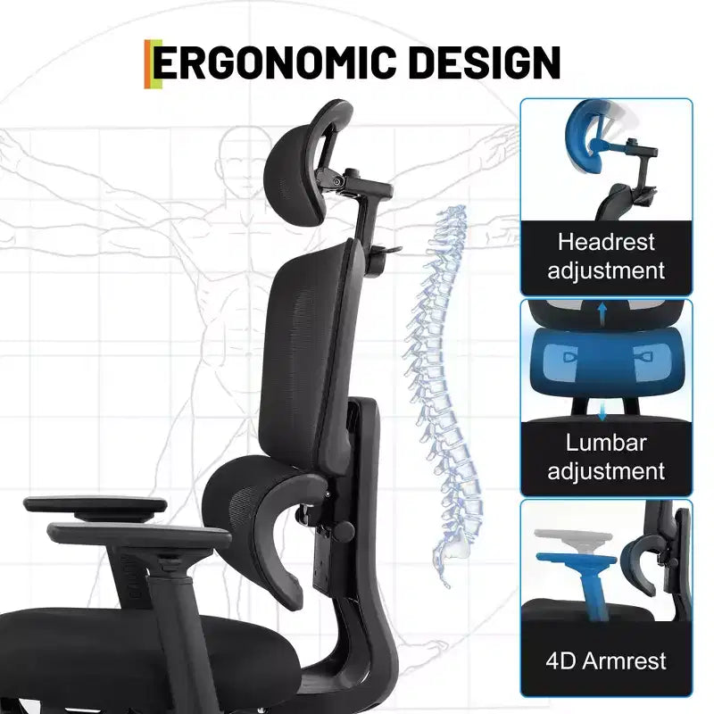 Ergonomic Mesh Office Chair, Adjustable Lumbar High Back Desk Chair 300lbs, 4D Flip-Up Arms, 3-Level Tilt Backrest, 3D Headrest, PU Wheels