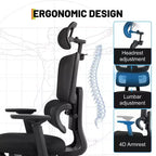 Ergonomic Mesh Office Chair, Adjustable Lumbar High Back Desk Chair 300lbs, 4D Flip-Up Arms, 3-Level Tilt Backrest, 3D Headrest, PU Wheels