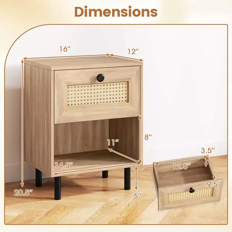 Costway 1/2 PCS Rattan Nightstand Boho End Table with Drawer & Open Shelf for Living Room White/Natural