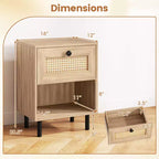 Costway 1/2 PCS Rattan Nightstand Boho End Table with Drawer & Open Shelf for Living Room White/Natural
