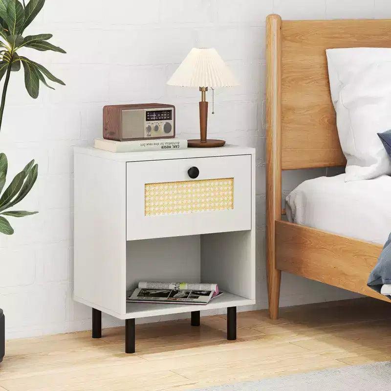 Costway 1/2 PCS Rattan Nightstand Boho End Table with Drawer & Open Shelf for Living Room White/Natural