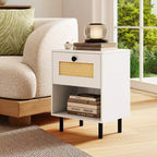 Costway 1/2 PCS Rattan Nightstand Boho End Table with Drawer & Open Shelf for Living Room White/Natural