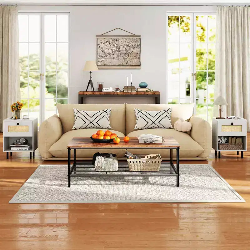 Costway 1/2 PCS Rattan Nightstand Boho End Table with Drawer & Open Shelf for Living Room White/Natural
