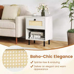 Costway 1/2 PCS Rattan Nightstand Boho End Table with Drawer & Open Shelf for Living Room White/Natural