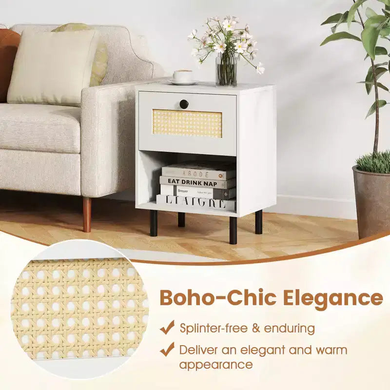 Costway 1/2 PCS Rattan Nightstand Boho End Table with Drawer & Open Shelf for Living Room White/Natural