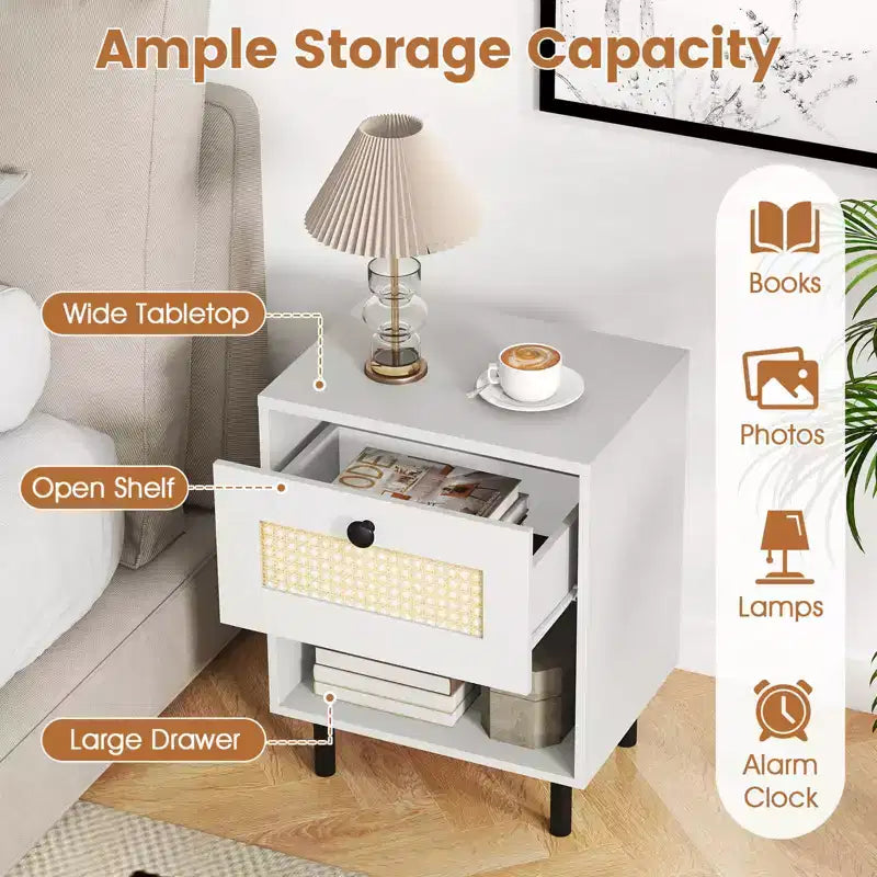 Costway 1/2 PCS Rattan Nightstand Boho End Table with Drawer & Open Shelf for Living Room White/Natural