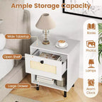 Costway 1/2 PCS Rattan Nightstand Boho End Table with Drawer & Open Shelf for Living Room White/Natural