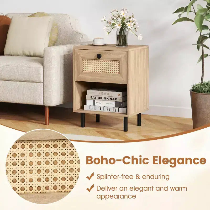 Costway 1/2 PCS Rattan Nightstand Boho End Table with Drawer & Open Shelf for Living Room White/Natural