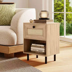 Costway 1/2 PCS Rattan Nightstand Boho End Table with Drawer & Open Shelf for Living Room White/Natural